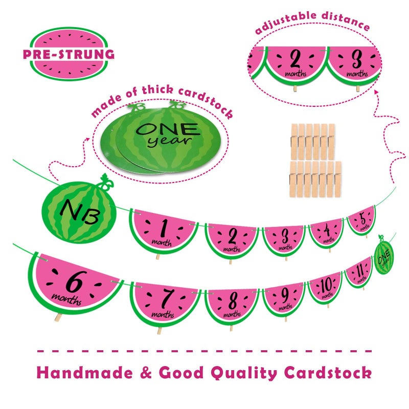 Joymee Watermelon Photo Banner 1-12 Month 1st Birthday Monthly Banner Baby Girl Photo Display Milestone Photograph Bunting Garland One In a Melon Summer Fruit Themed Party Supplies Decorations - Image 2